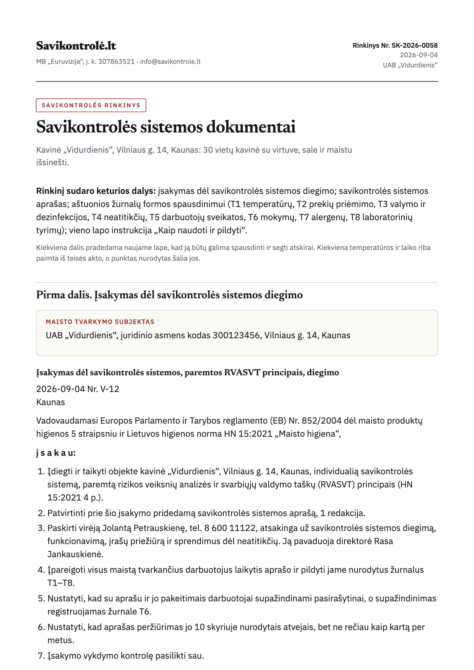 Savikontrolės rinkinio pirmas puslapis: įsakymas dėl RVASVT diegimo