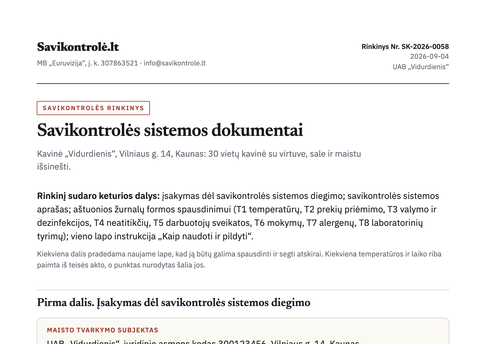 Savikontrolės rinkinio pirmas puslapis: įsakymas dėl RVASVT diegimo